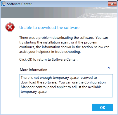 SCCM 2012 Not enough temporary space reserved to download the software.