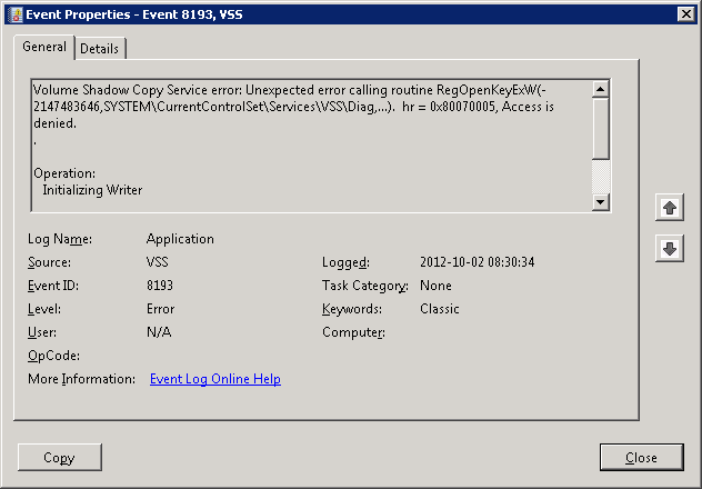 vss and spp application event logs