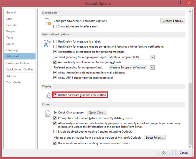 Outlook 2013: Disable hardware graphics acceleration